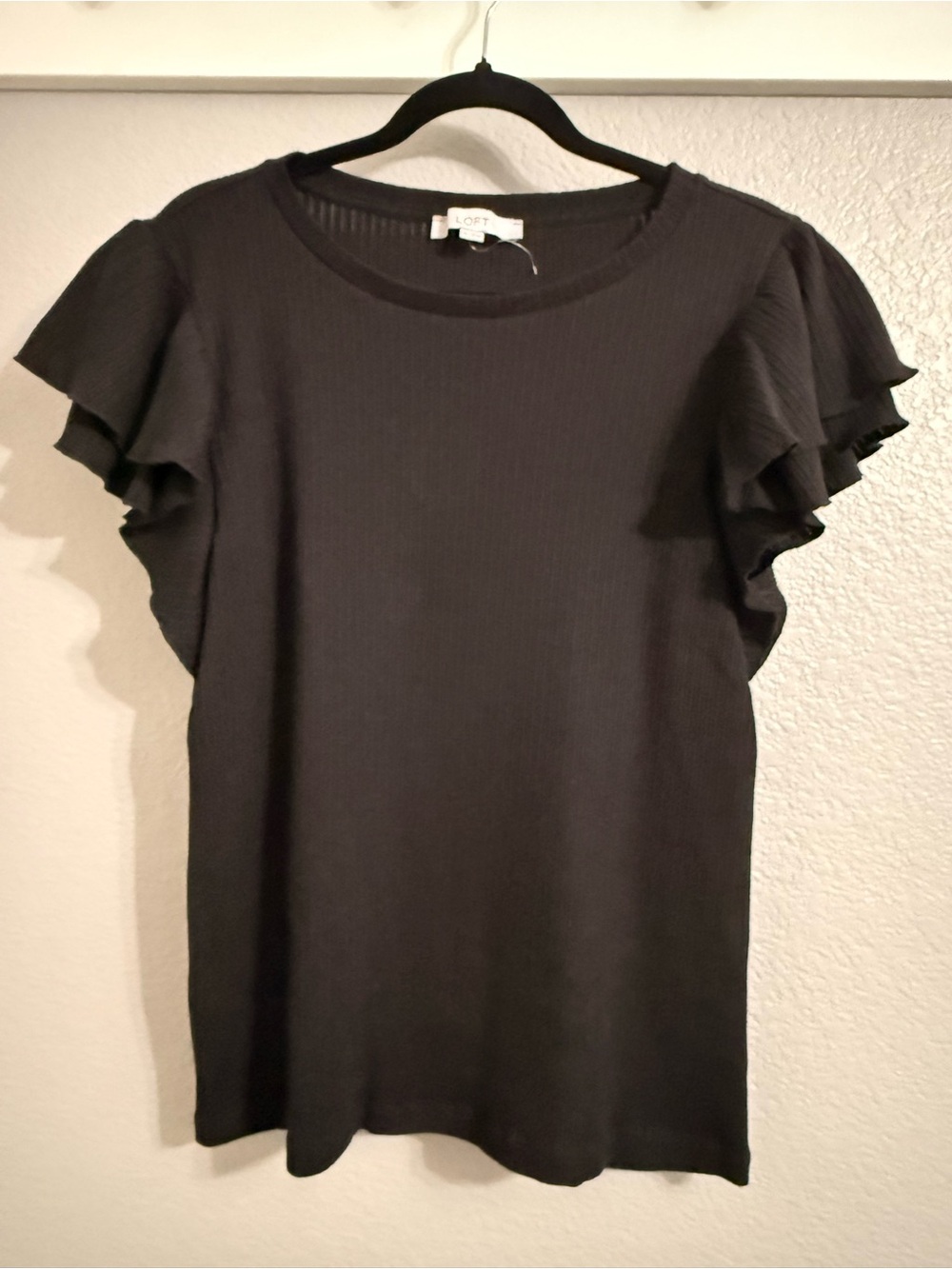 LOFT Black Ribbed Knit Top with Layered Ruffle Sleeves